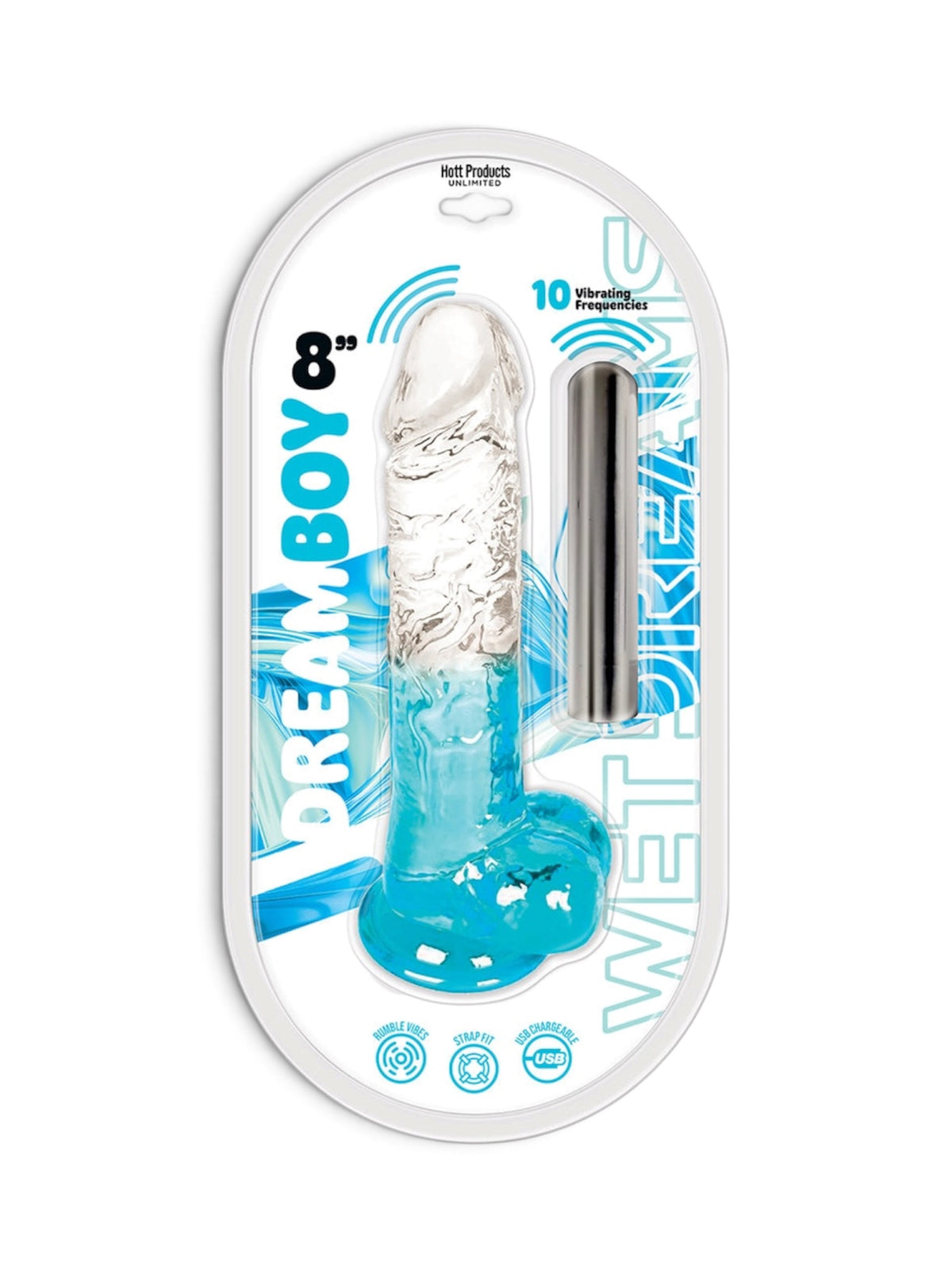 Hott Products Dream Boy 8" Rechargeable Vibrating Dildo – Aqua