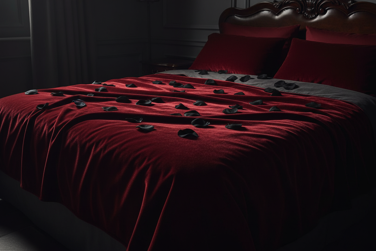 Red Velvet Sheet with Few Black Rose Petals